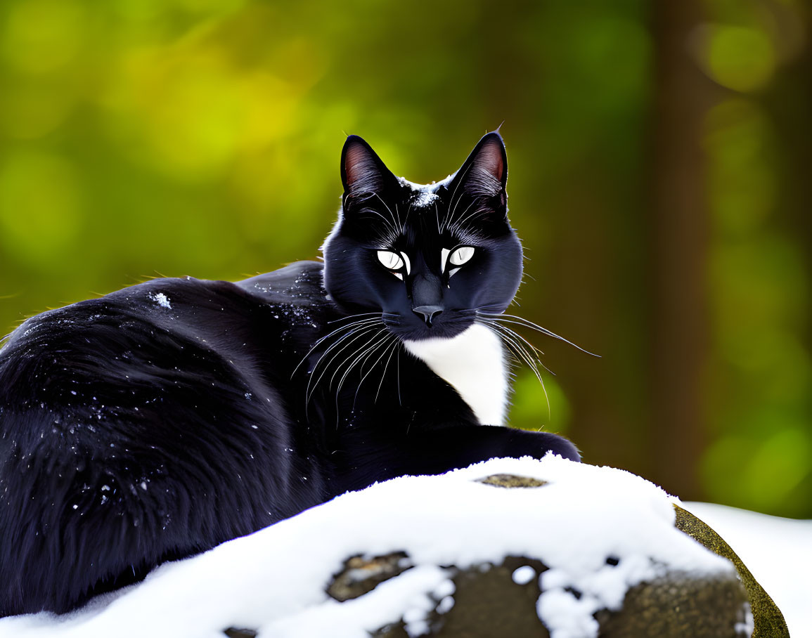 Black Cat with Green Eyes on Snow-Covered Rock in Snowy Scene