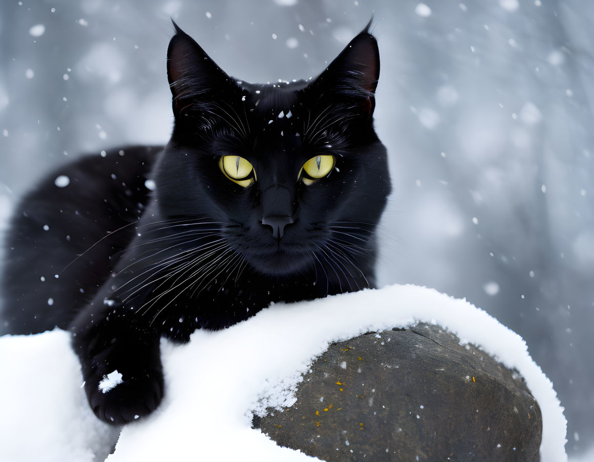 Black Cat with Yellow Eyes on Snow-Covered Rock in Falling Snow