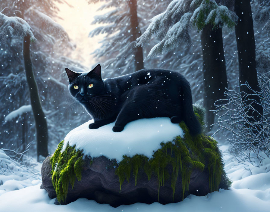 Black Cat with Yellow Eyes on Snow-Covered Rock in Winter Forest