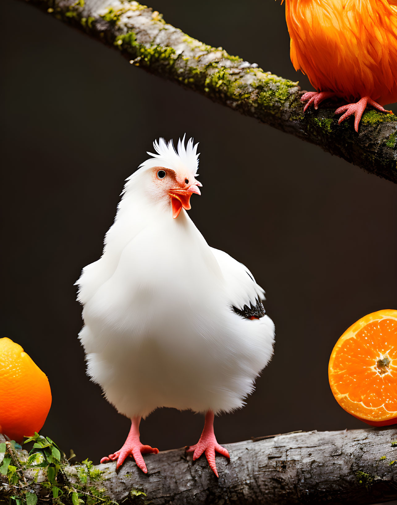 White Chicken with Crest on Log, Orange Halves, and Red Bird in Background