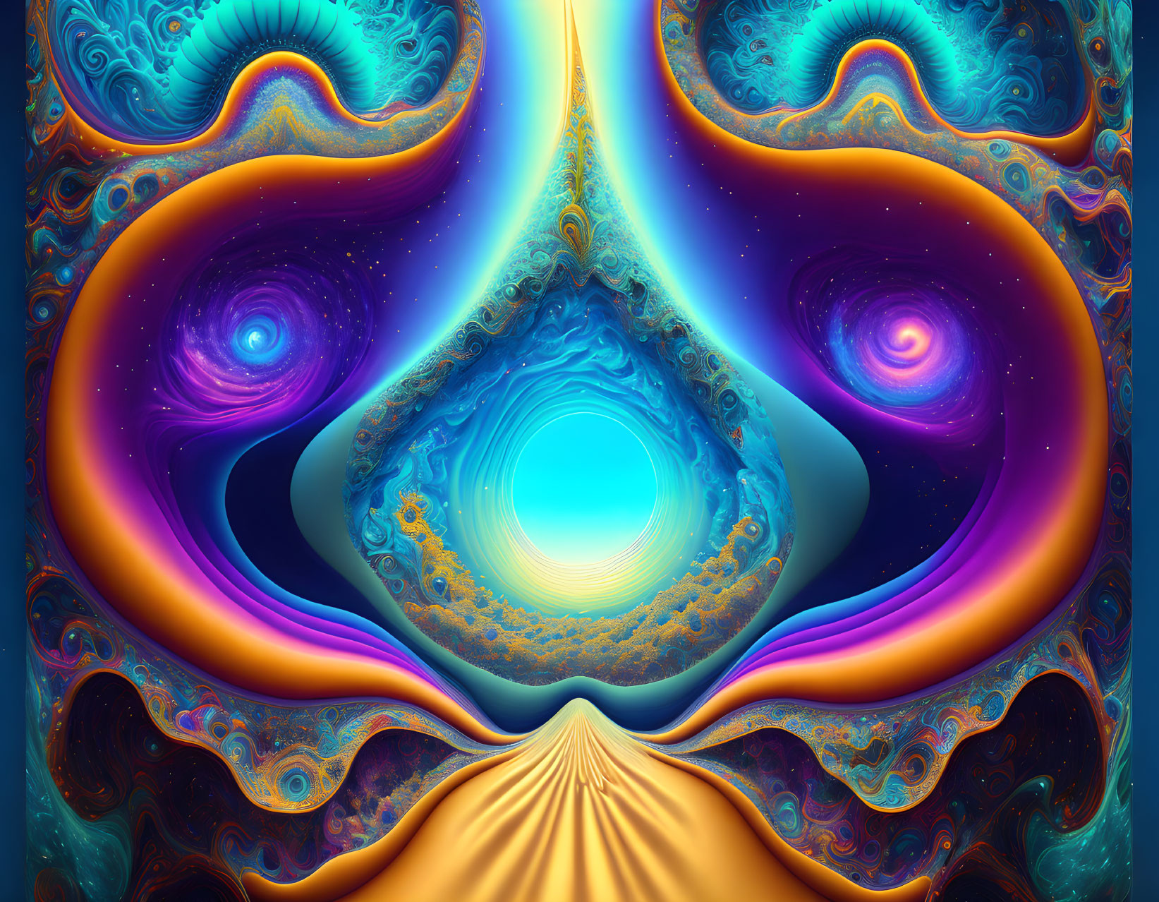 Symmetrical blue, orange, and purple fractal landscape