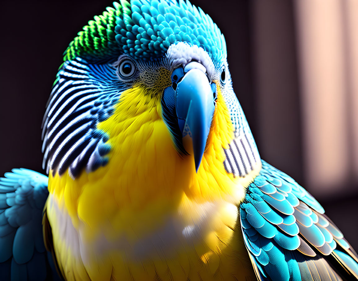 Close-up of vibrant blue and yellow budgerigar with detailed feather pattern and focused gaze