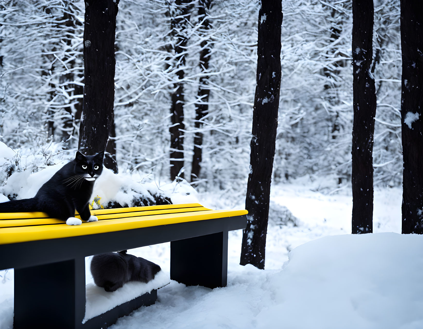 Black Cat with White Markings on Yellow Bench in Snowy Forest
