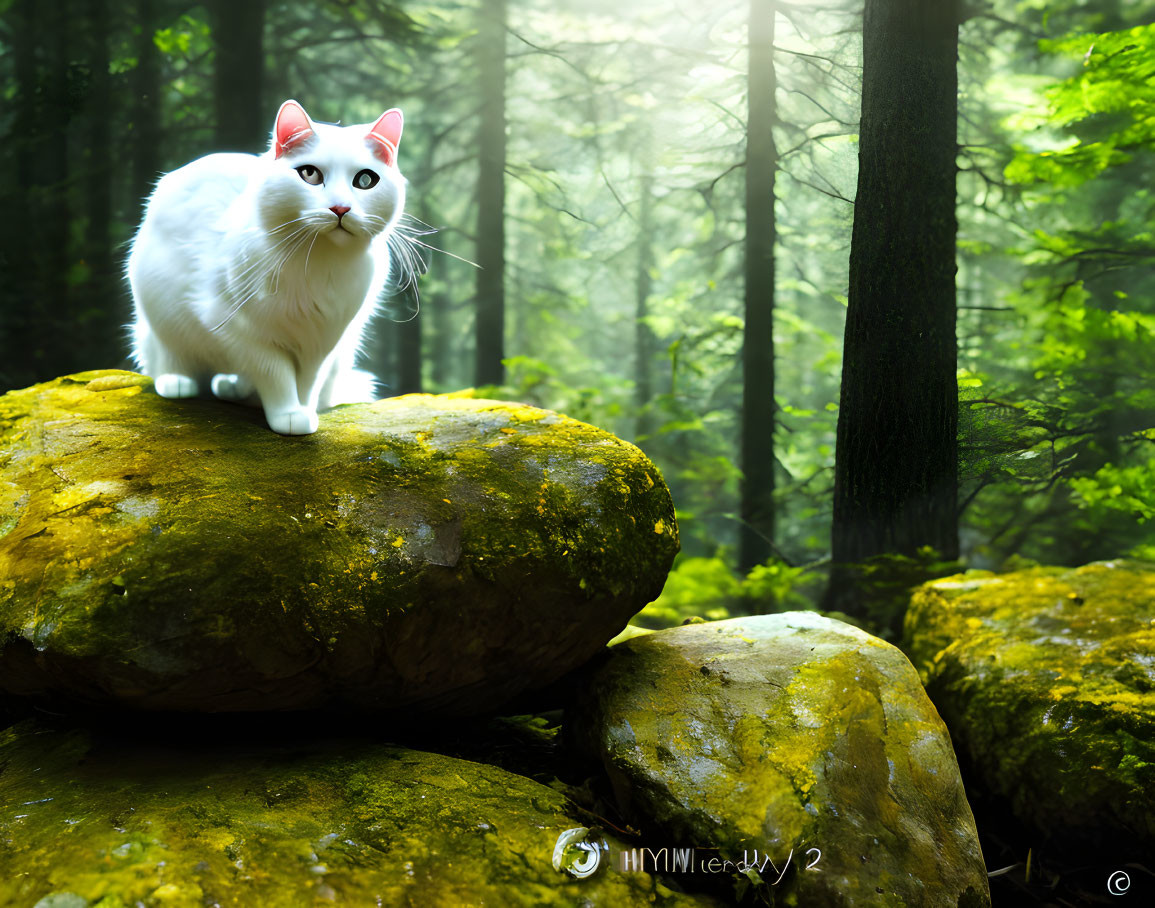 White Cat with Striking Eyes on Moss-Covered Rock in Green Forest