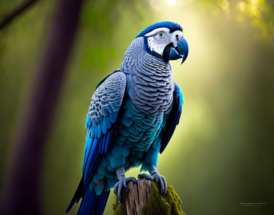 Colorful Blue and Grey Parrot on Branch with Soft-focus Green Background