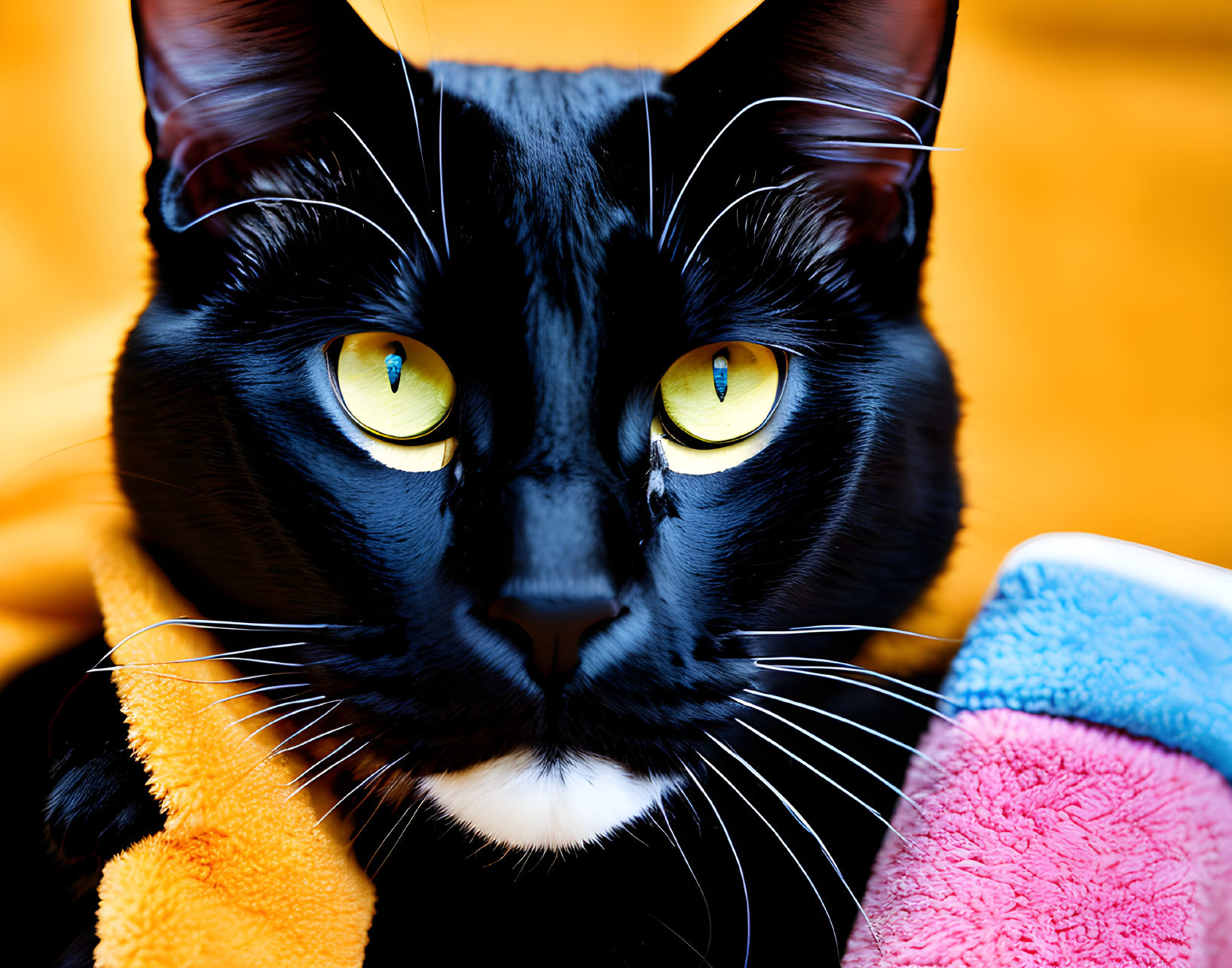 Black Cat with Intense Yellow Eyes Against Colorful Background