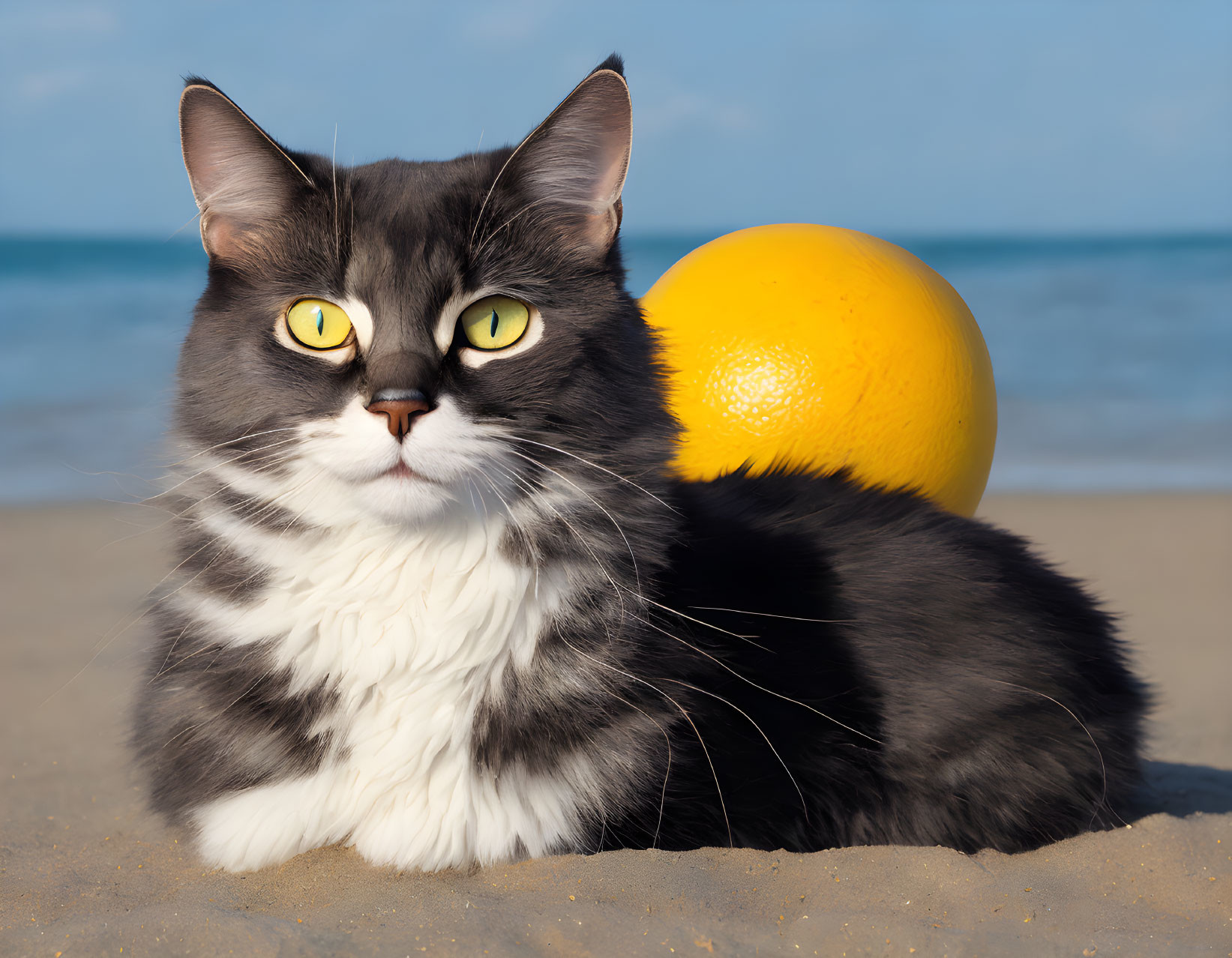 Grey and White Cat with Yellow Eyes on Beach with Lemon and Blue Sky