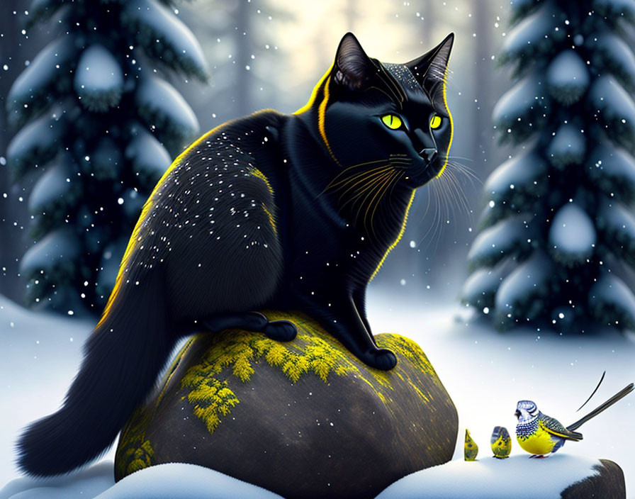Black Cat with Yellow Eyes on Moss-Covered Rock Surrounded by Snowy Pine Trees
