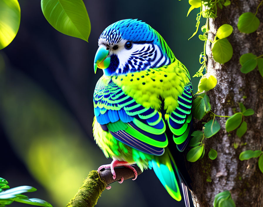 Colorful Budgerigar Perched on Branch with Green Foliage Background