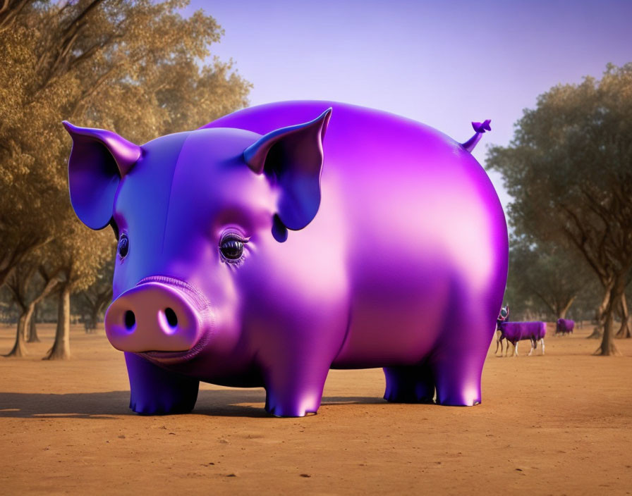 Oversized shiny purple pig sculpture in park with cows