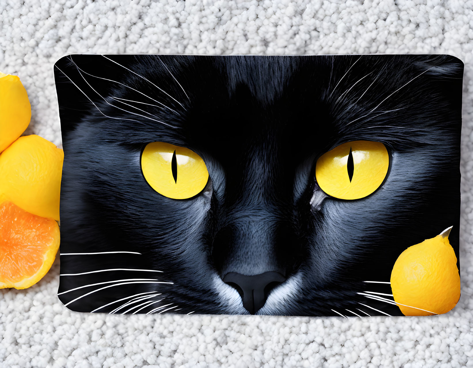 Black Cat with Yellow Eyes Surrounded by Lemons on White Background