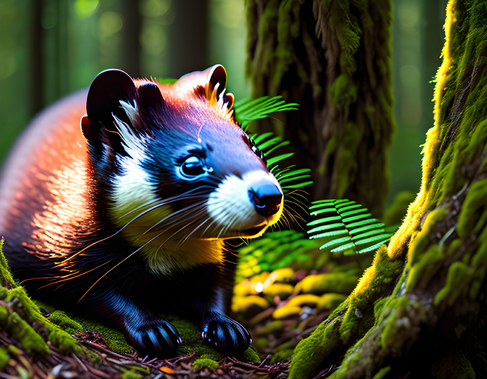 Illustrated colorful badger-like creature in lush forest with green ferns and sunlight.
