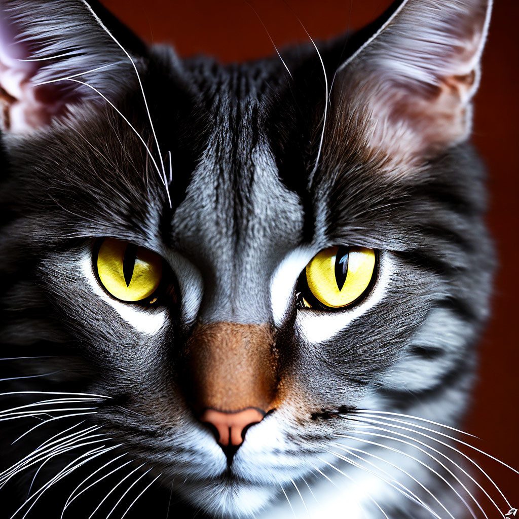 Cat with Yellow Eyes and Striped Fur on Dark Background