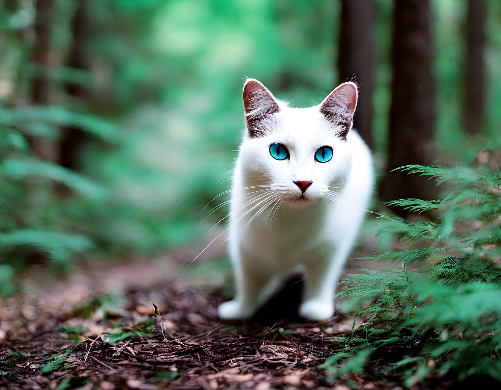 White Cat with Blue Eyes in Lush Green Forest