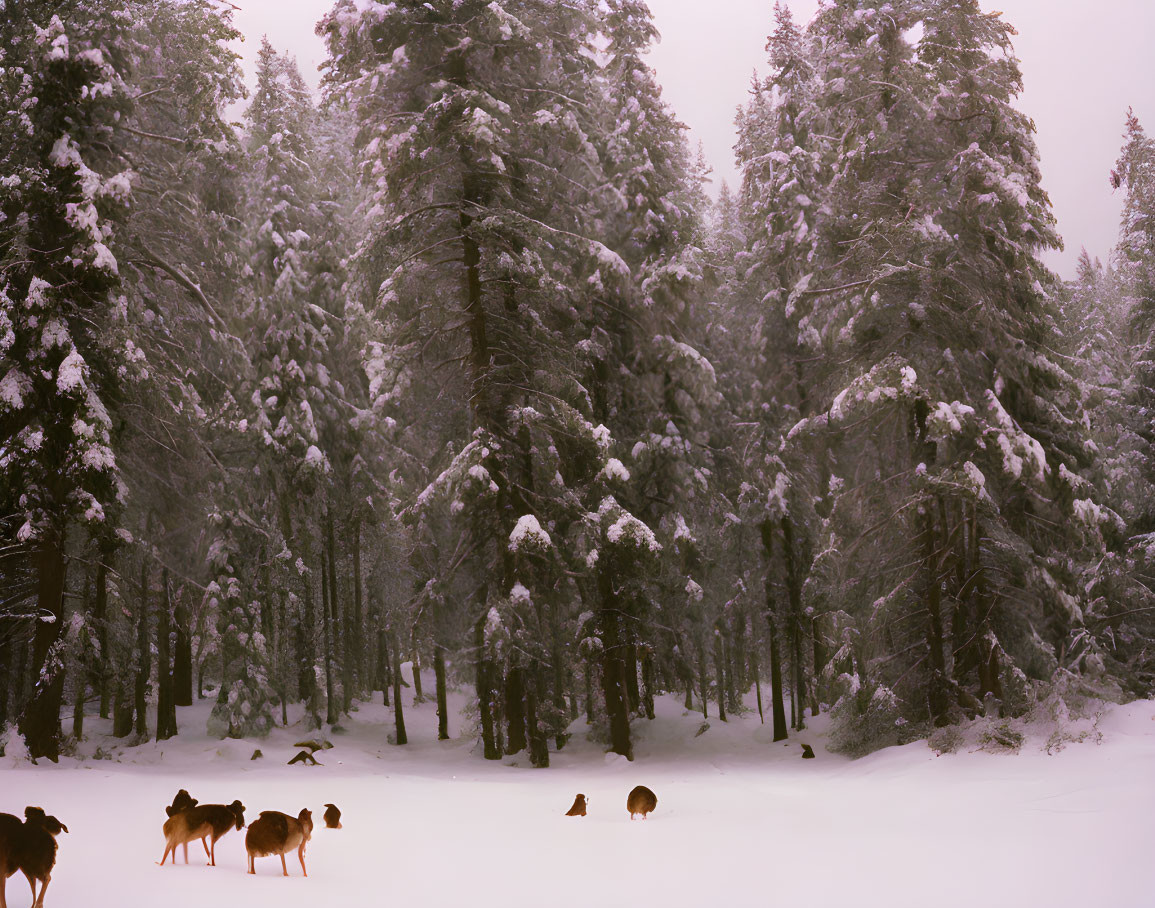 Deer herd in snowy forest with dense trees and white ground