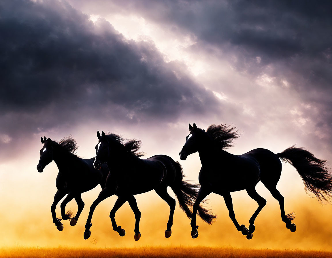 Four Horses Running in Field Under Dramatic Sunset Sky