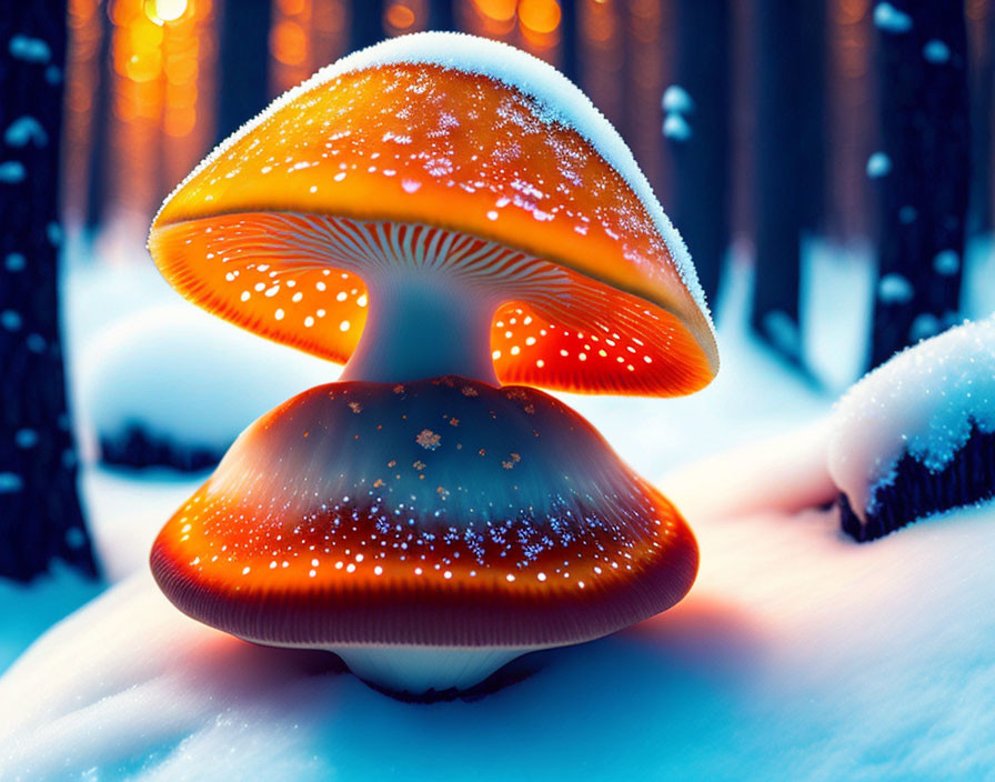 Vibrant orange mushrooms in snow against wintry forest backdrop.