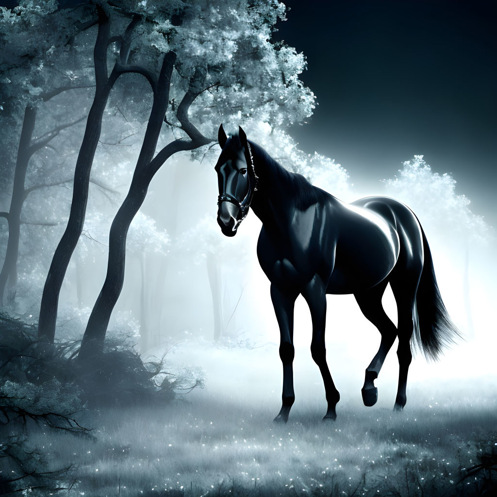 Majestic black horse in mystical foggy forest with blue lighting