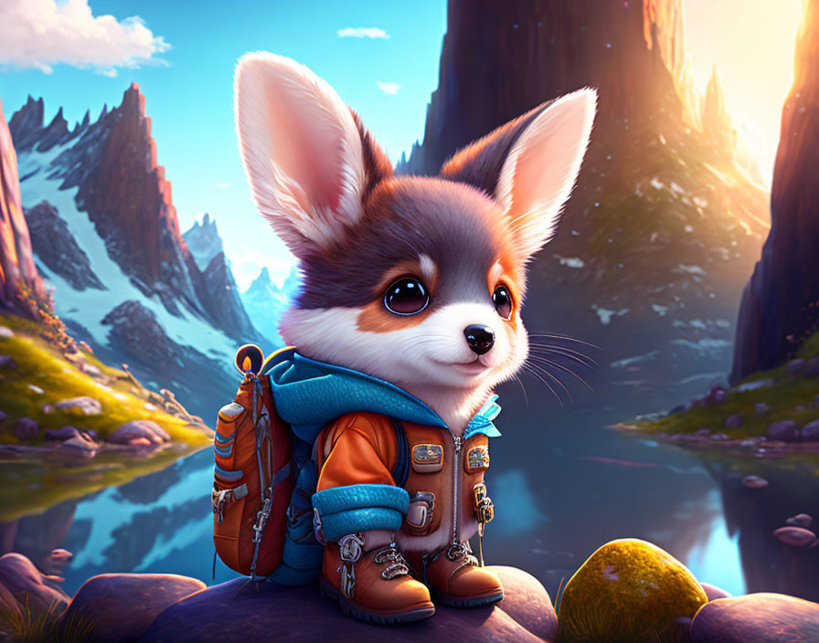 Anthropomorphic puppy in explorer gear by serene lake