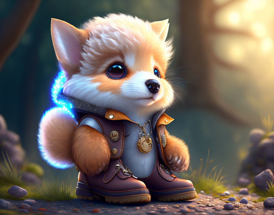 Fluffy Fox Puppy in Leather Jacket and Boots in Forest Setting