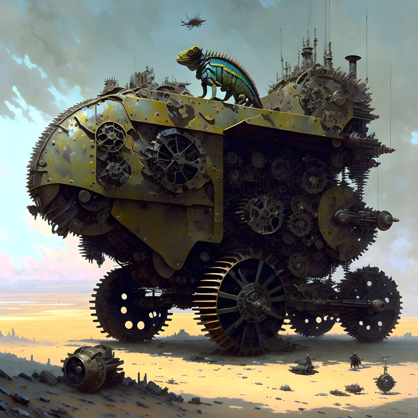 Chameleon on steampunk vehicle in dystopian setting