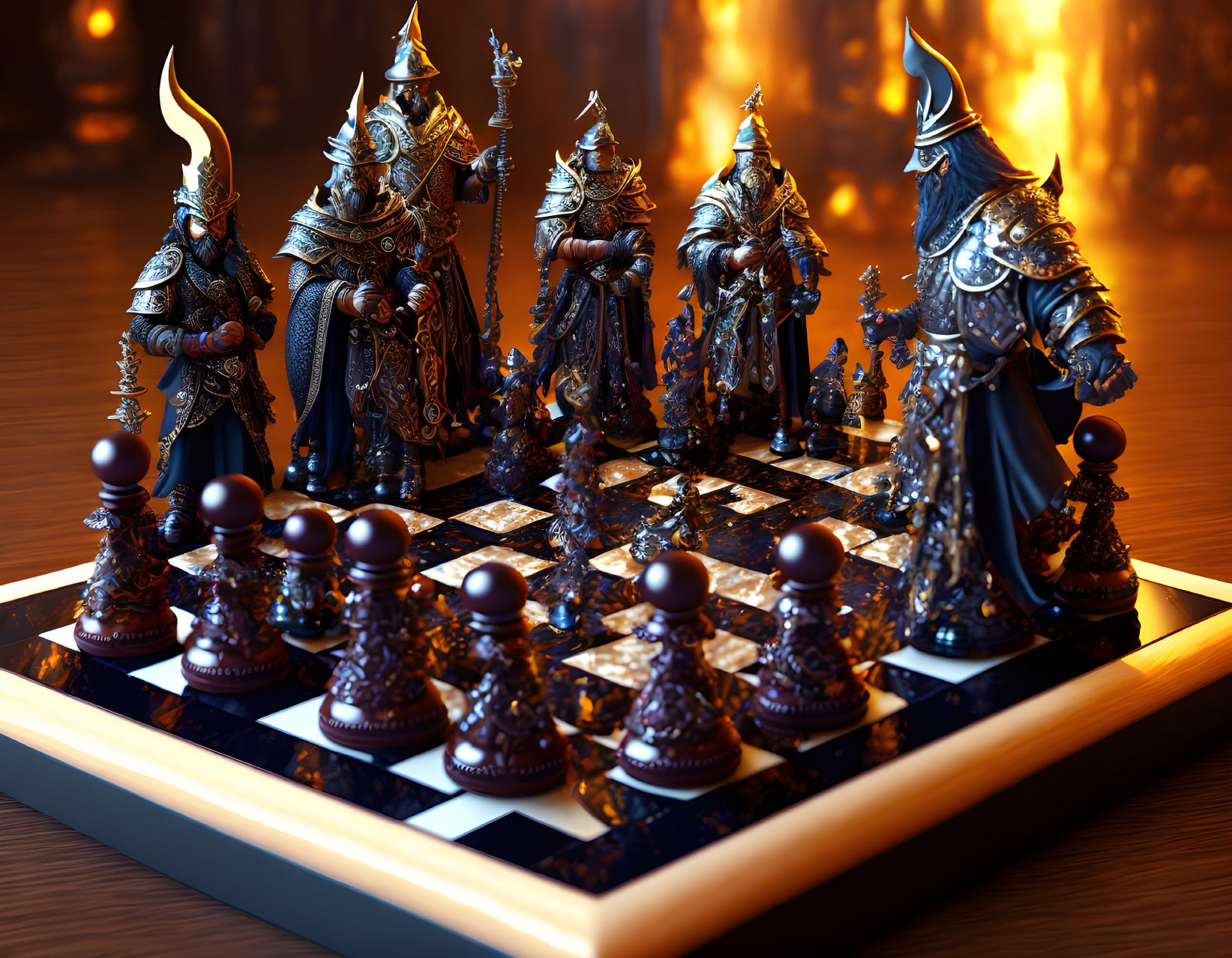 Fantasy-themed chess set with ornate knight and royalty pieces on wooden board