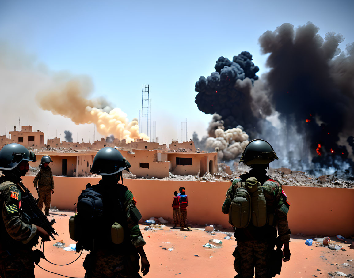 Military personnel and civilian observe black smoke from fiery explosions near buildings.