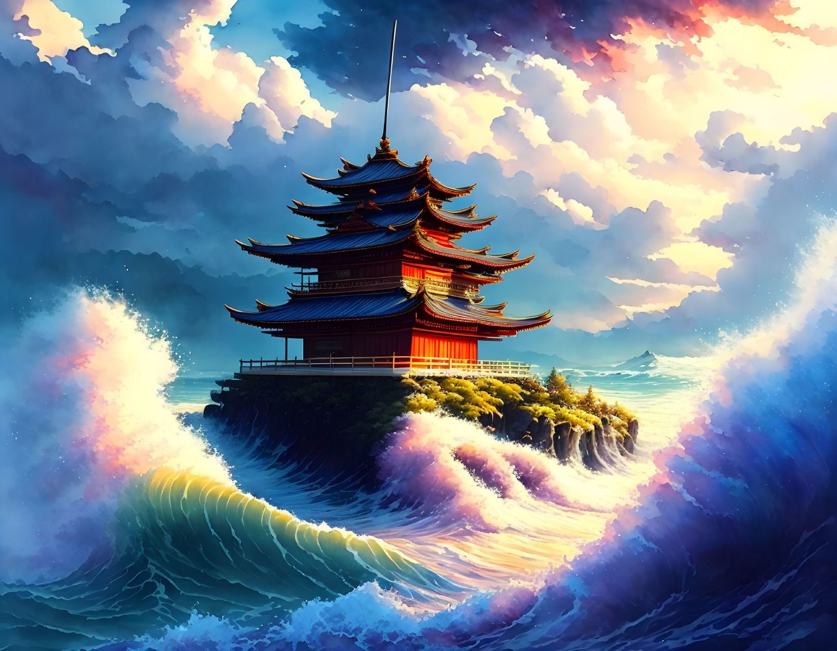 Traditional Japanese Pagoda on Cliff Amidst Crashing Waves