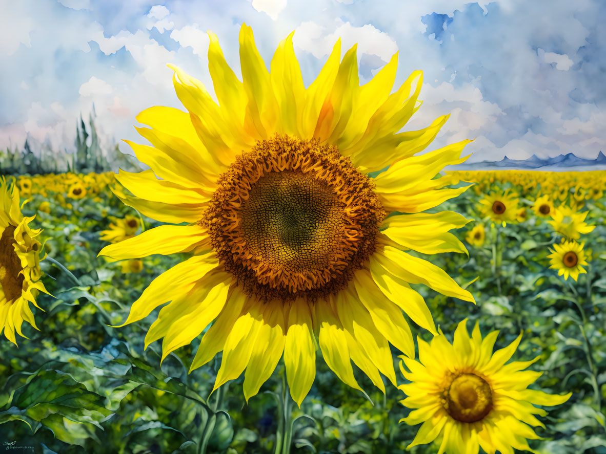 Sunflower Field with Bright Blooming Sunflower under Cloudy Sky