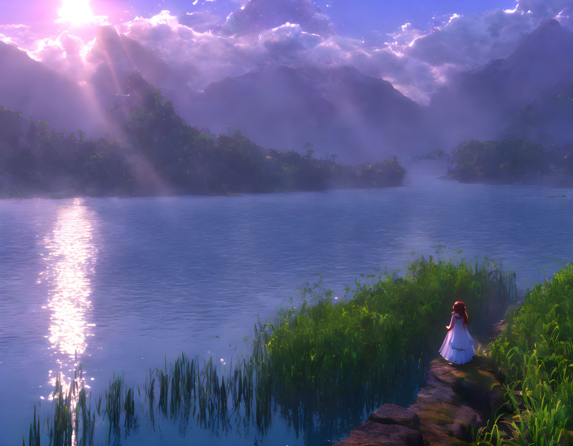 Girl in white dress by serene lake with lush greenery and misty mountains.