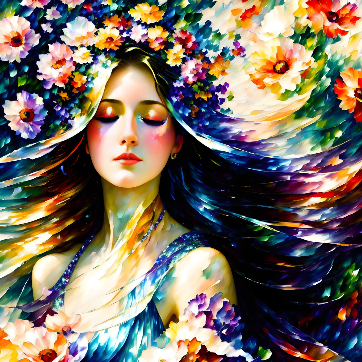 Colorful artwork: Woman with floral hair in vibrant, dreamy swirls