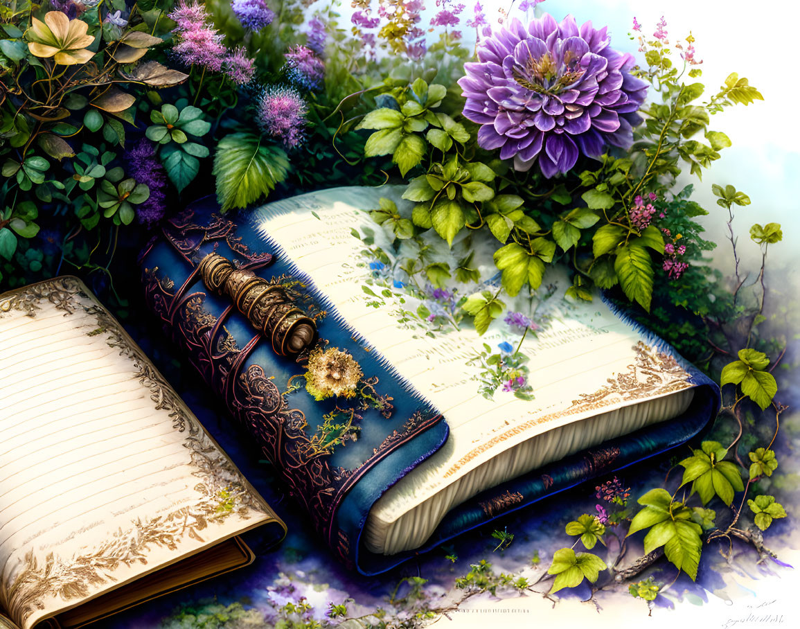 Ornate open journal with quill pen, surrounded by lush foliage and vibrant flowers