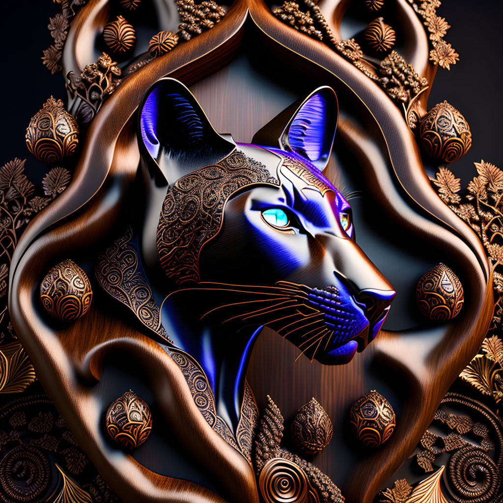 Metallic Cat Head with Tribal Patterns on Dark Background with Copper Flourishes