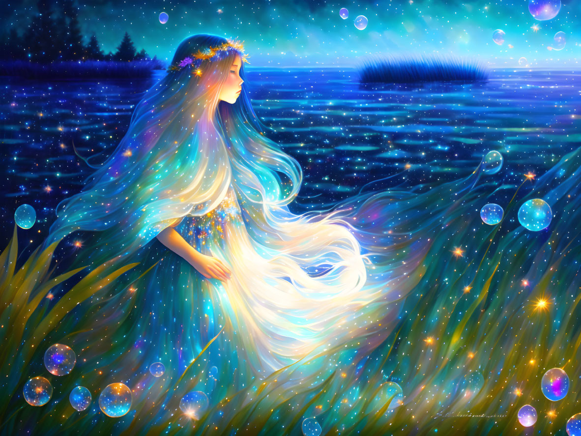 Ethereal woman with flowing hair surrounded by stars and bubbles