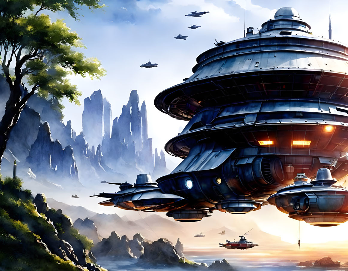 Futuristic cityscape with hovering spacecraft and flying vehicles in mountainous sunrise scene