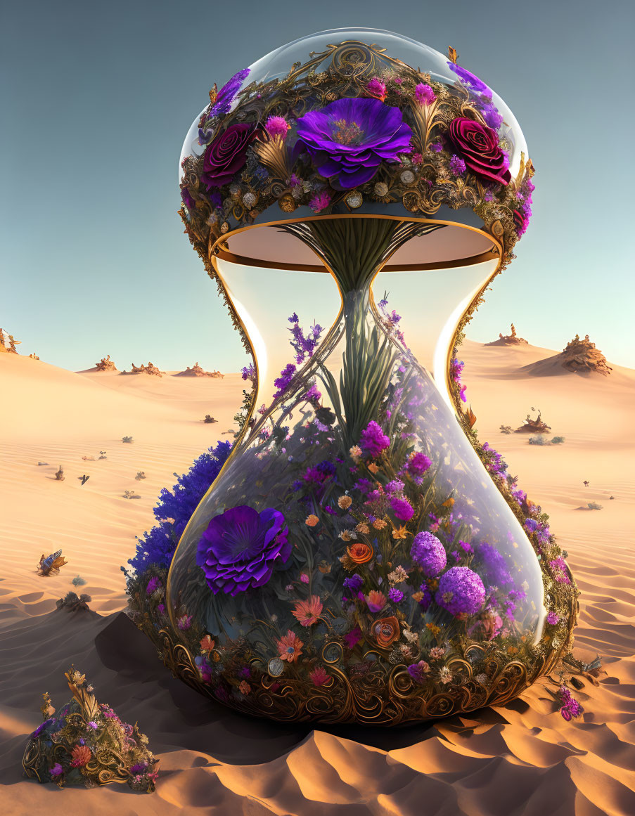 Surreal hourglass with vibrant flowers in desert landscape