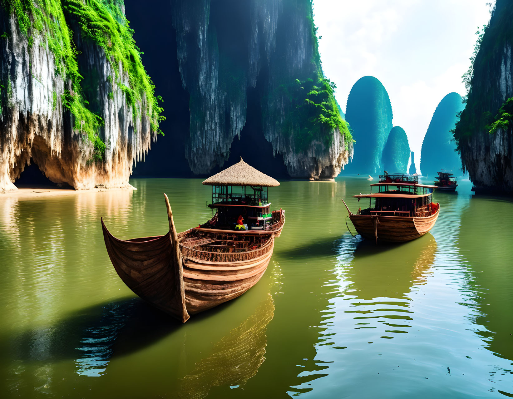 Wooden boats on river with limestone karsts and greenery against blue sky