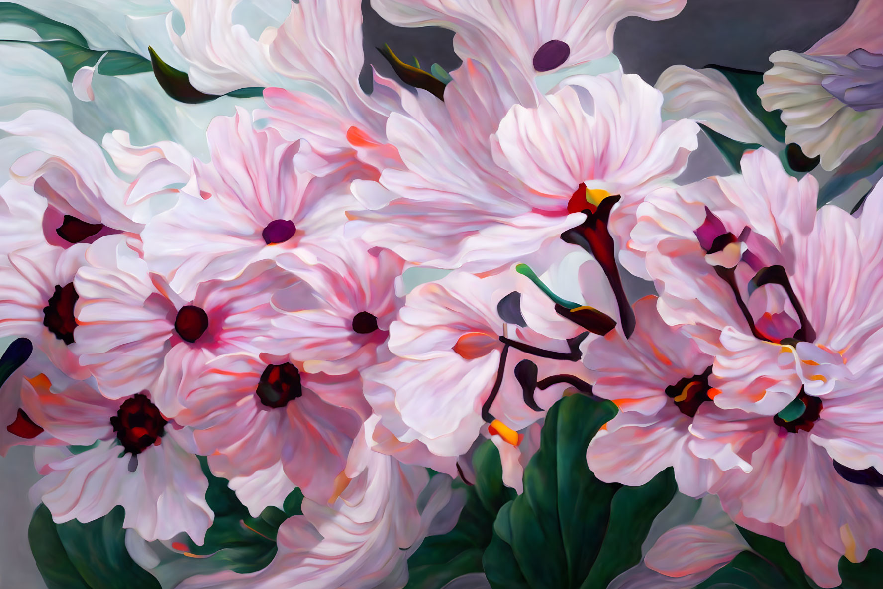 Detailed close-up painting of vibrant pink flowers with rich red stamens and lush green leaves