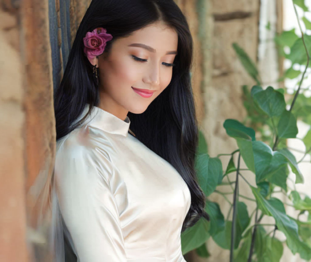 Traditional attire woman with flower in hair near brick wall and green foliage