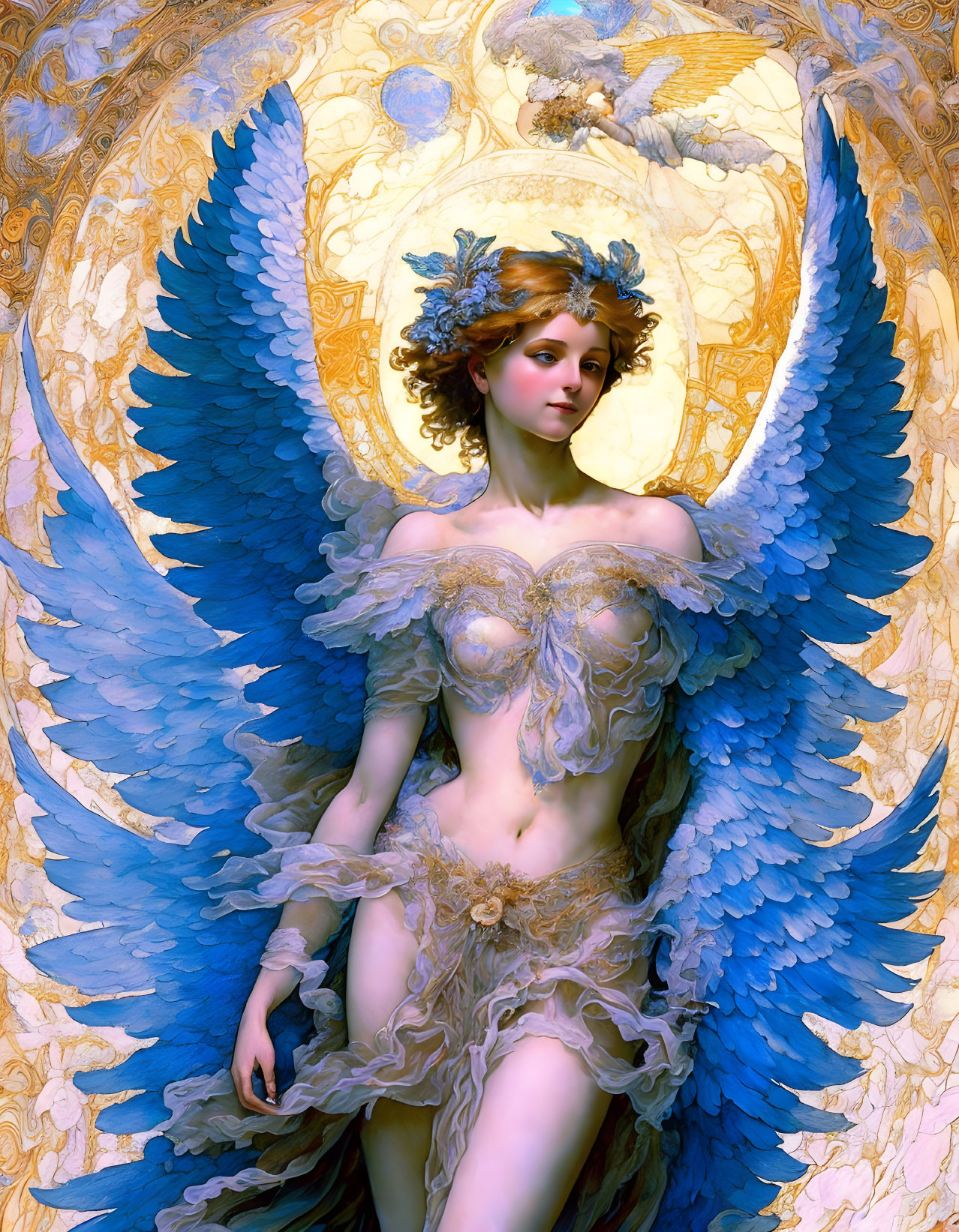 Serene angel with blue wings and golden hair in ornate setting