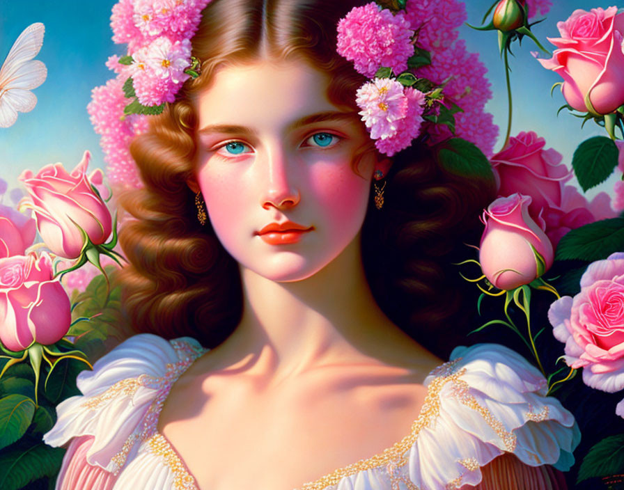 Digital artwork: Young woman with wavy brown hair in white and gold dress surrounded by pink roses