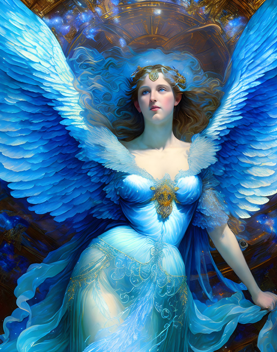 Majestic angelic figure with blue wings and elaborate gown in serene setting