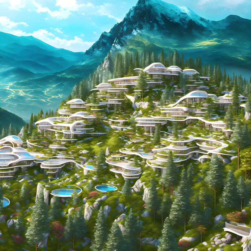 Circular glass-domed structures in futuristic mountain settlement