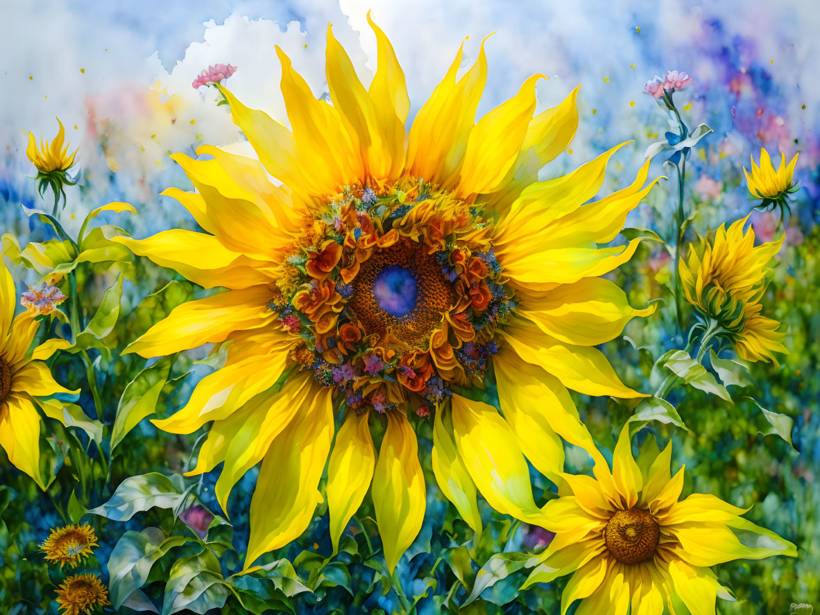 Colorful Digital Painting of Large Sunflower Among Smaller Ones