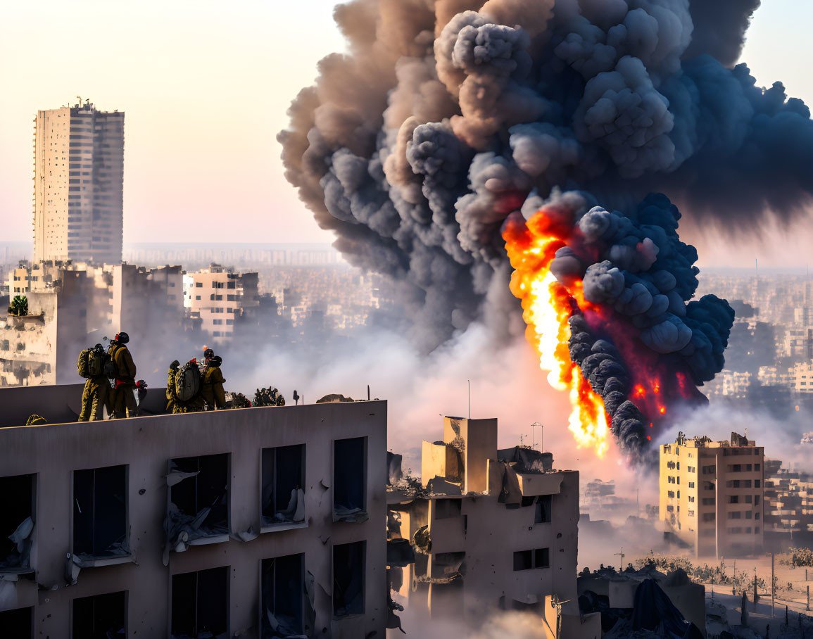 Firefighters on rooftop battling massive city fire.