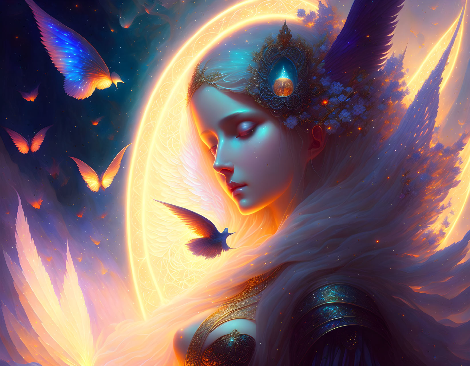 Mystical female figure with elaborate headgear and glowing halo, surrounded by blue butterflies