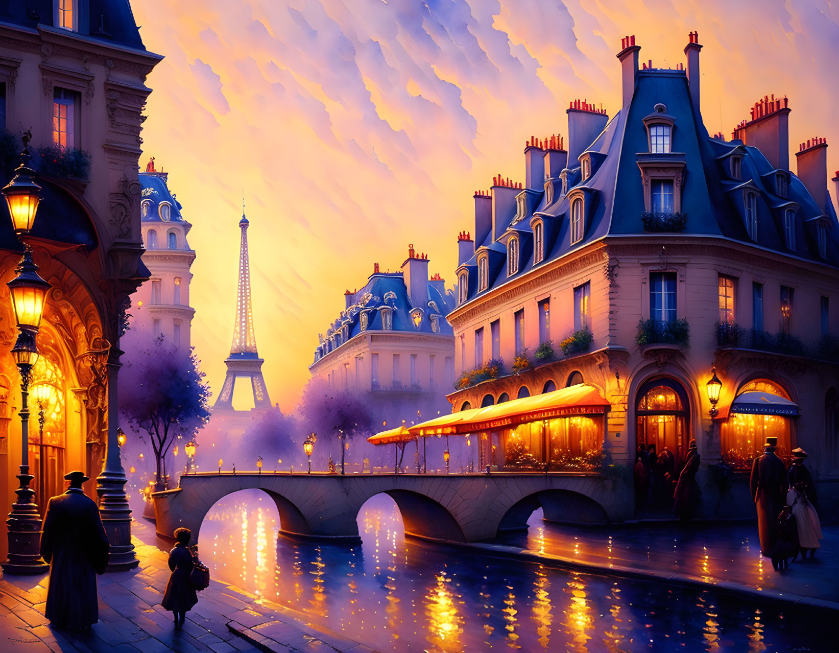 Colorful Parisian riverside scene with Eiffel Tower and café terrace at dusk