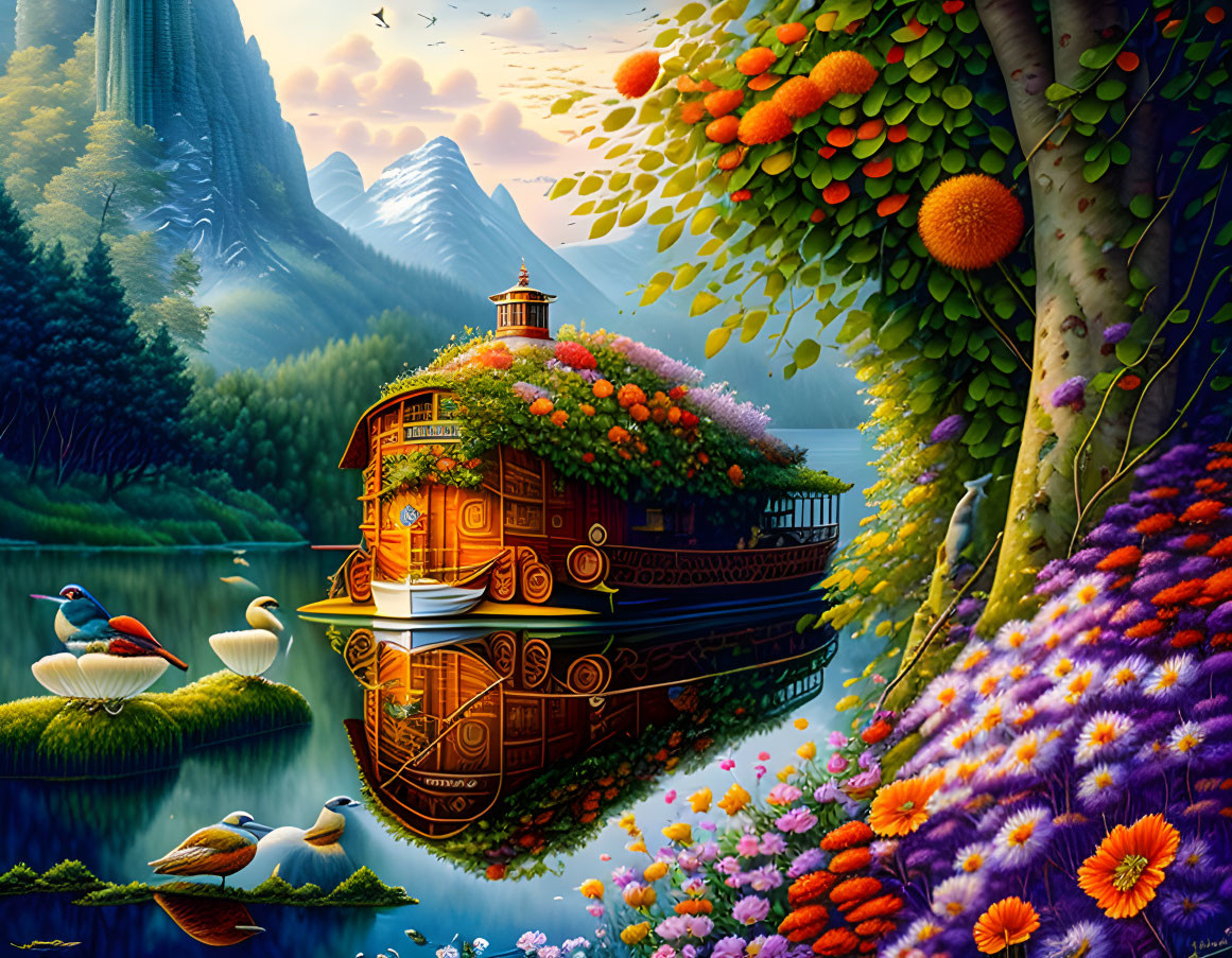 Colorful painting of traditional houseboat on calm river with lush landscapes.