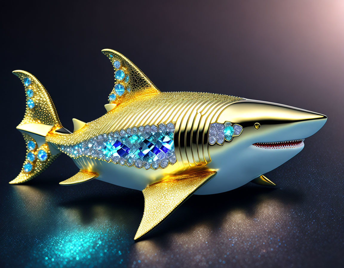 Golden Shark Figurine with Gemstones and Diamonds on Dark Background