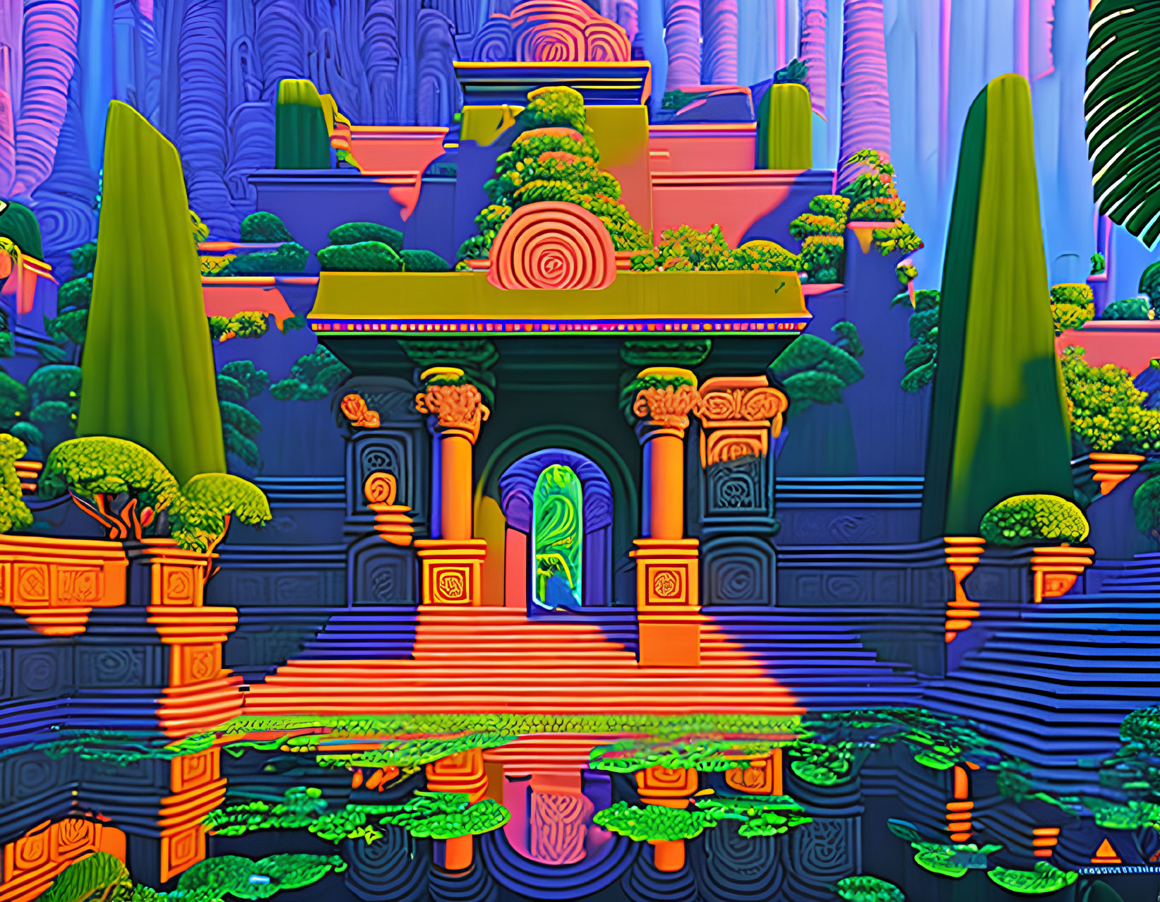 Colorful Stylized Temple Scene with Trees and Pillars